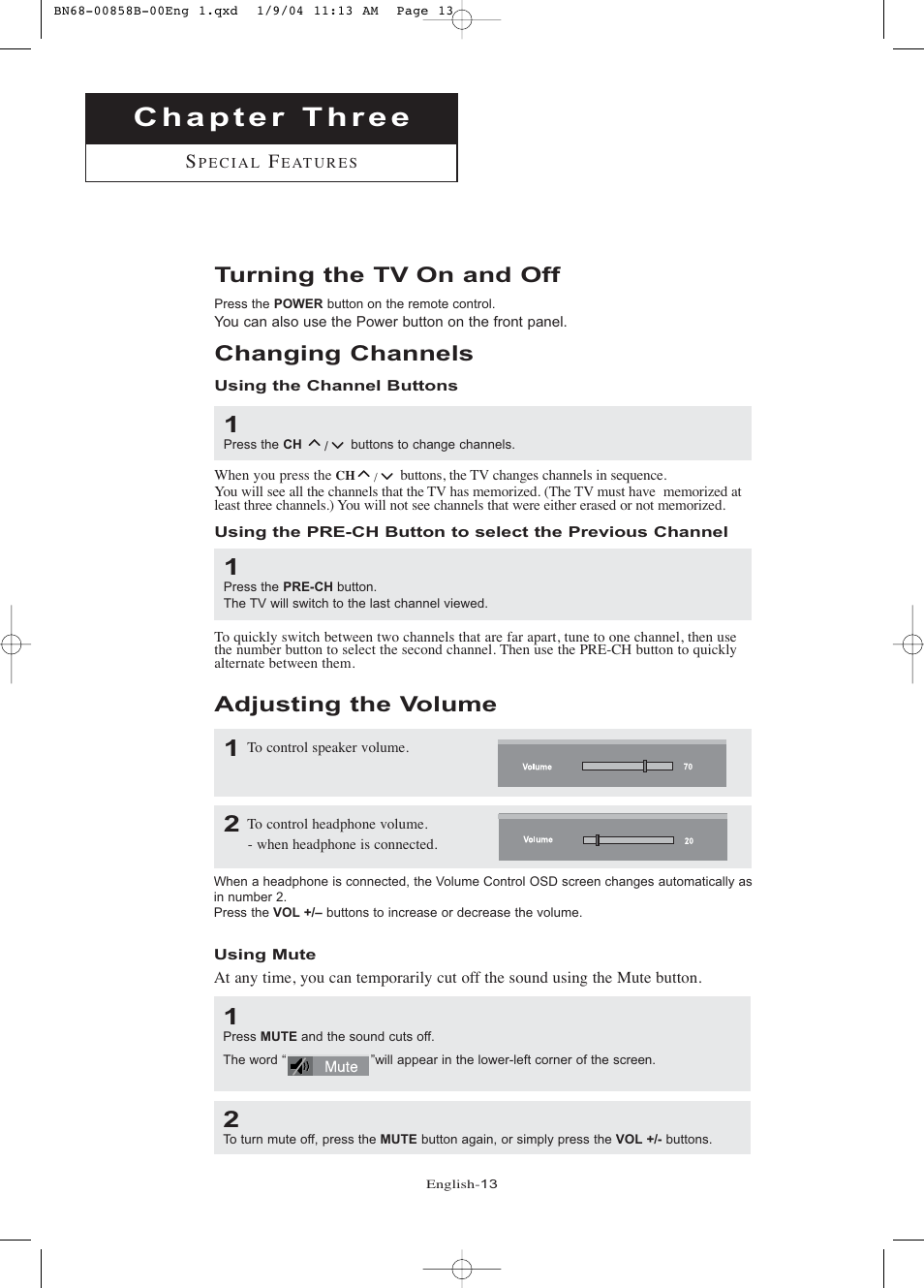 Chapter 3: special features, Turning the tv on and off, Changing channels | Using the channel buttons, Adjusting the volume, Using mute | Samsung LTP2045UX-XAA User Manual | Page 18 / 66