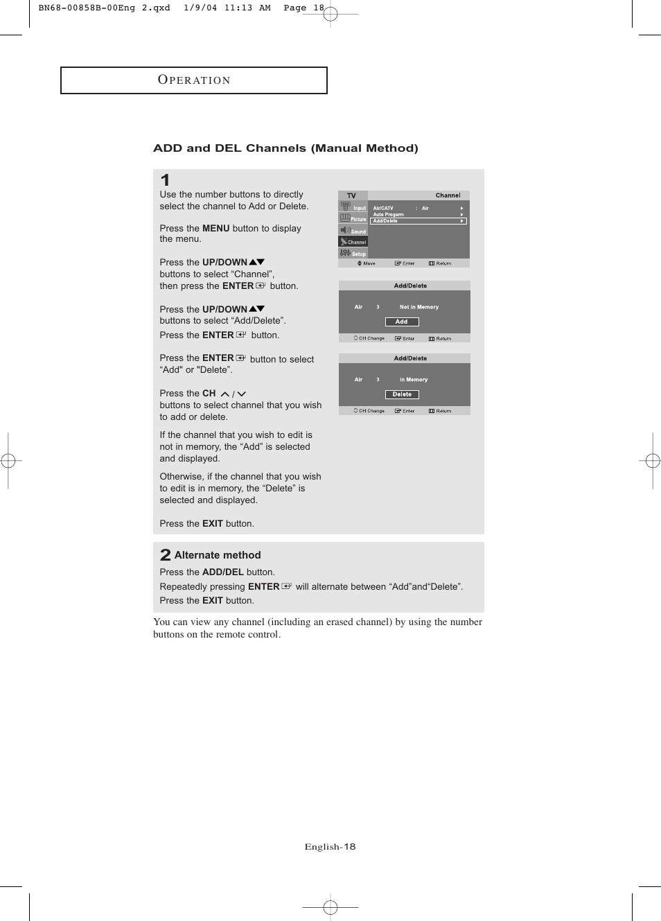 Add and del channels (manual method) | Samsung LTP2045UX-XAA User Manual | Page 23 / 66