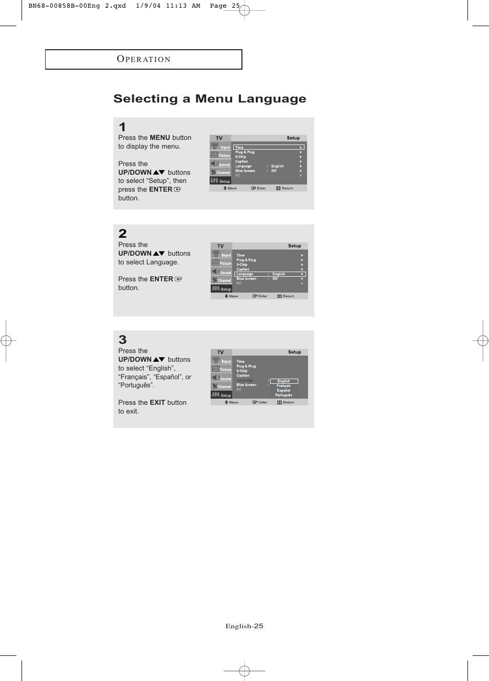 Selecting a menu language | Samsung LTP2045UX-XAA User Manual | Page 30 / 66