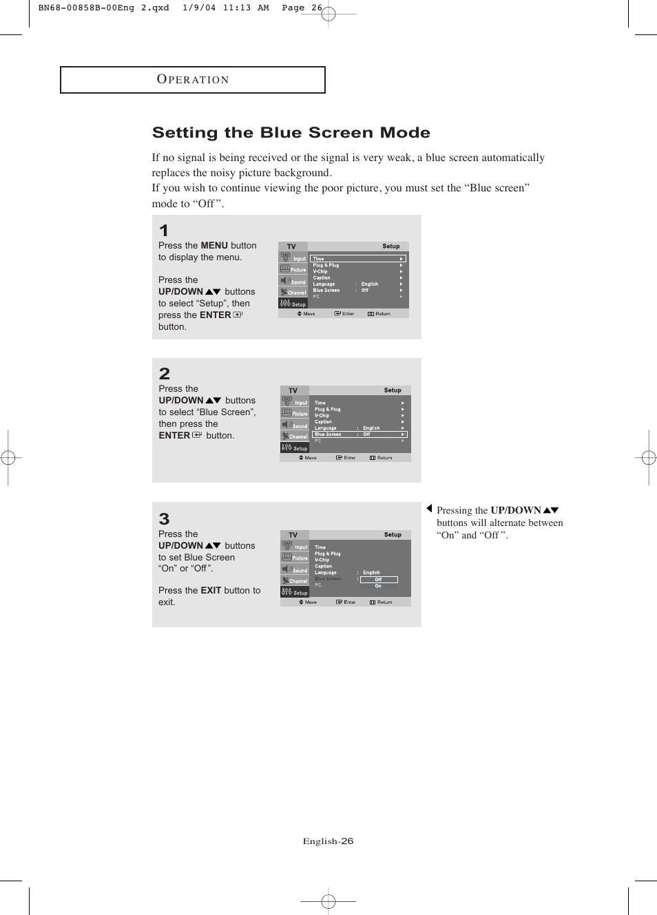 Setting the blue screen mode | Samsung LTP2045UX-XAA User Manual | Page 31 / 66