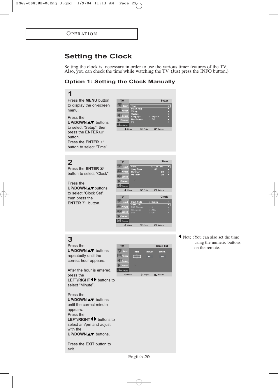 Setting the clock, Option 1: setting the clock manually | Samsung LTP2045UX-XAA User Manual | Page 34 / 66