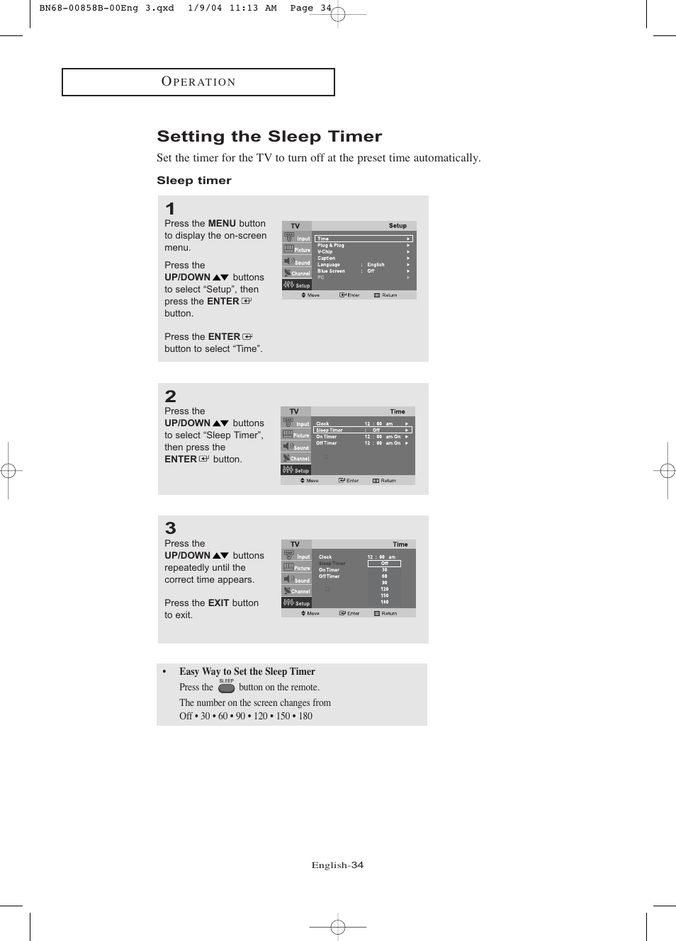 Setting the sleep timer, Sleep timer | Samsung LTP2045UX-XAA User Manual | Page 39 / 66