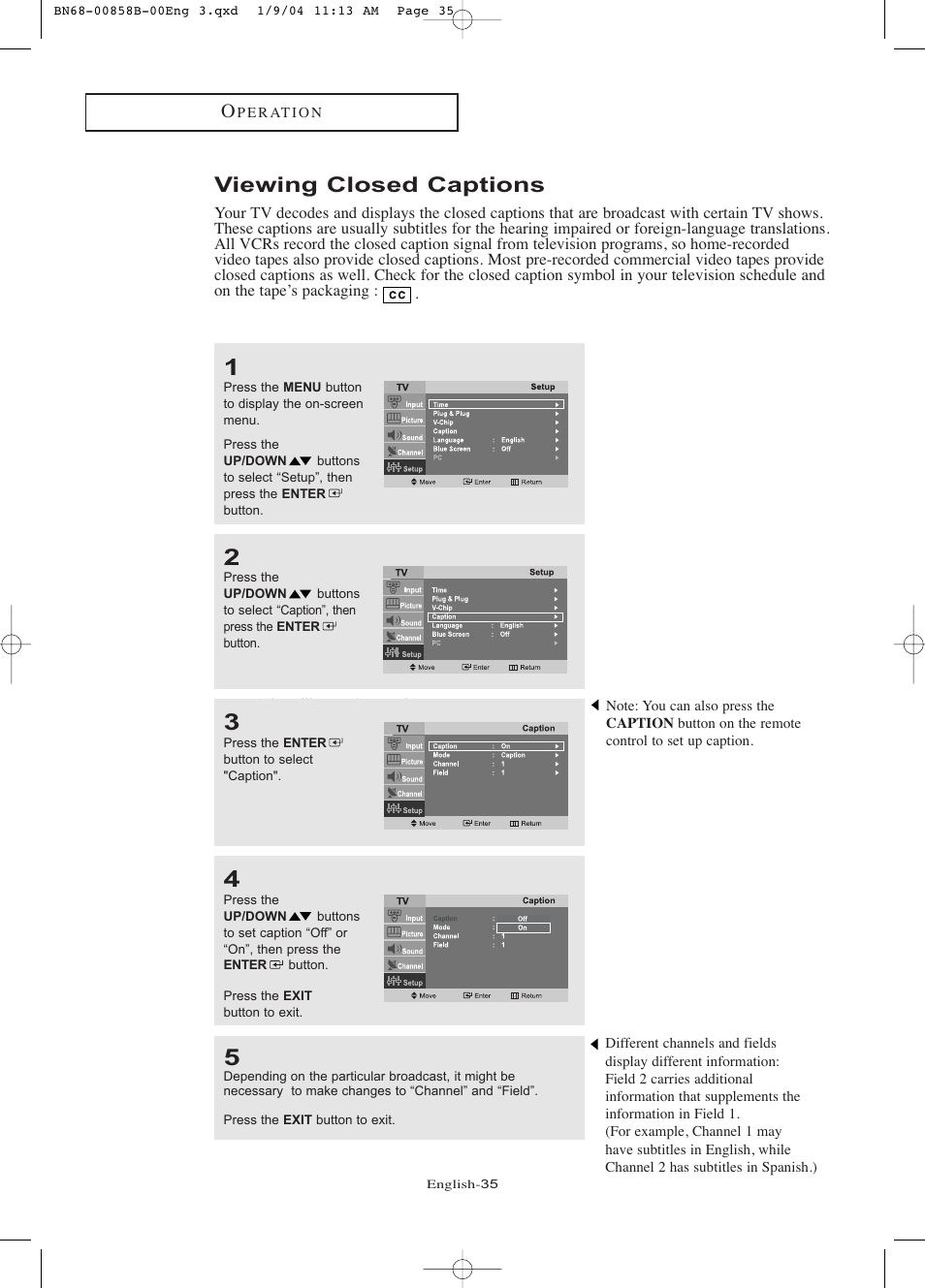 Viewing closed captions | Samsung LTP2045UX-XAA User Manual | Page 40 / 66