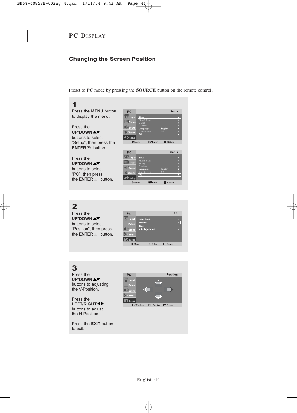Changing the screen position, P c d | Samsung LTP2045UX-XAA User Manual | Page 49 / 66