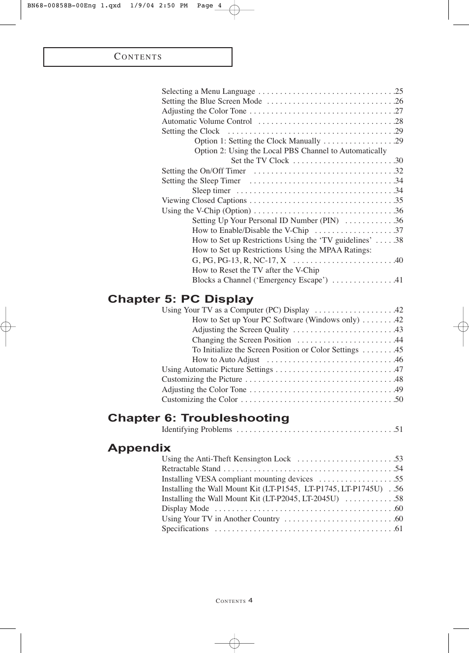 Chapter 5: pc display, Chapter 6: troubleshooting, Appendix | Samsung LTP2045UX-XAA User Manual | Page 5 / 66
