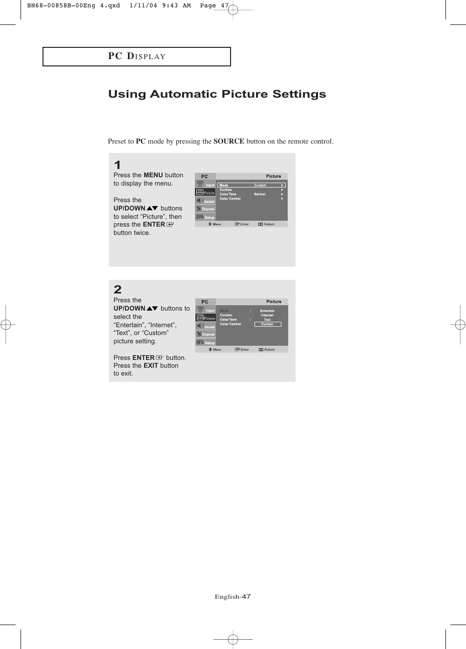 Using automatic picture settings, P c d | Samsung LTP2045UX-XAA User Manual | Page 52 / 66