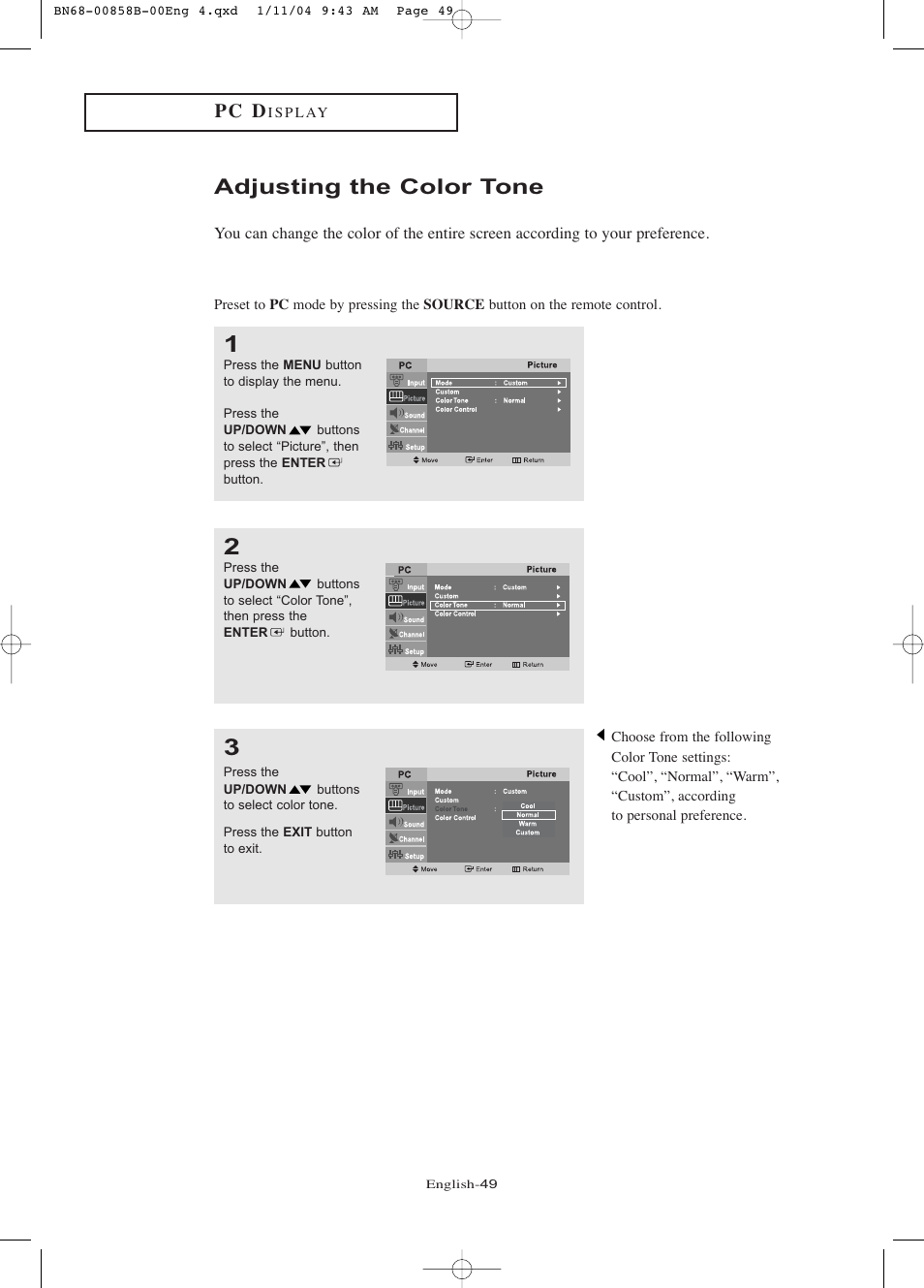 Adjusting the color tone, P c d | Samsung LTP2045UX-XAA User Manual | Page 54 / 66