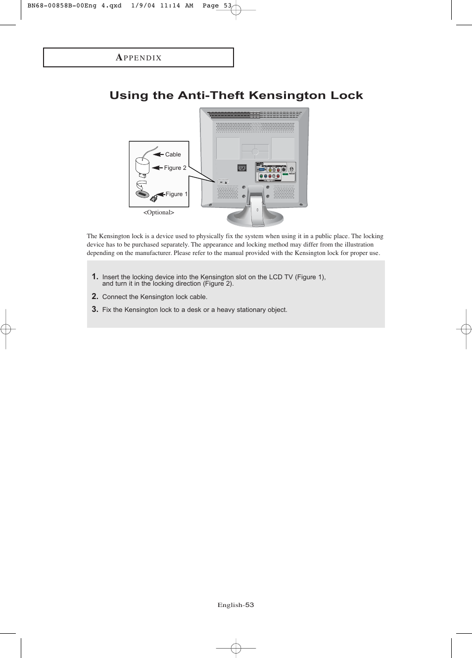 Appendix, Using the anti-theft kensington lock | Samsung LTP2045UX-XAA User Manual | Page 58 / 66