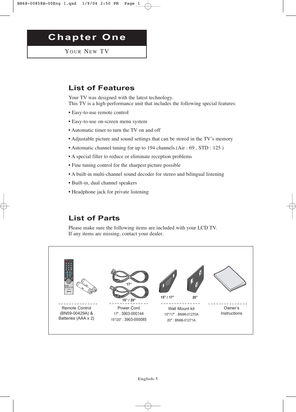 Chapter 1: your new tv, List of features, List of parts | Samsung LTP2045UX-XAA User Manual | Page 6 / 66