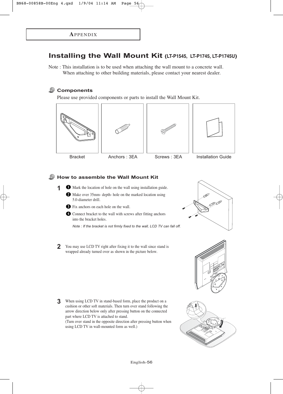 Installing the wall mount kit | Samsung LTP2045UX-XAA User Manual | Page 61 / 66