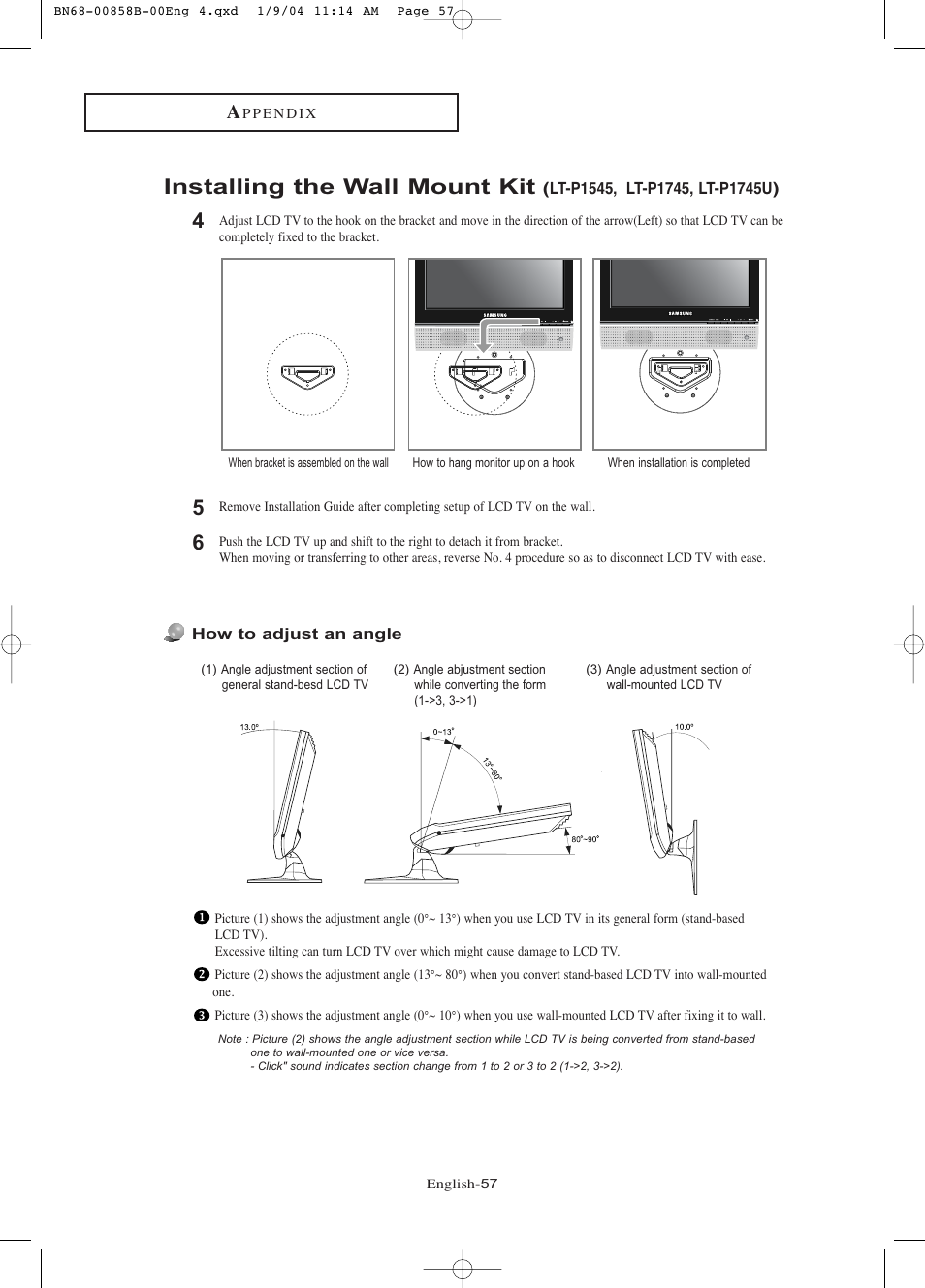 Installing the wall mount kit | Samsung LTP2045UX-XAA User Manual | Page 62 / 66