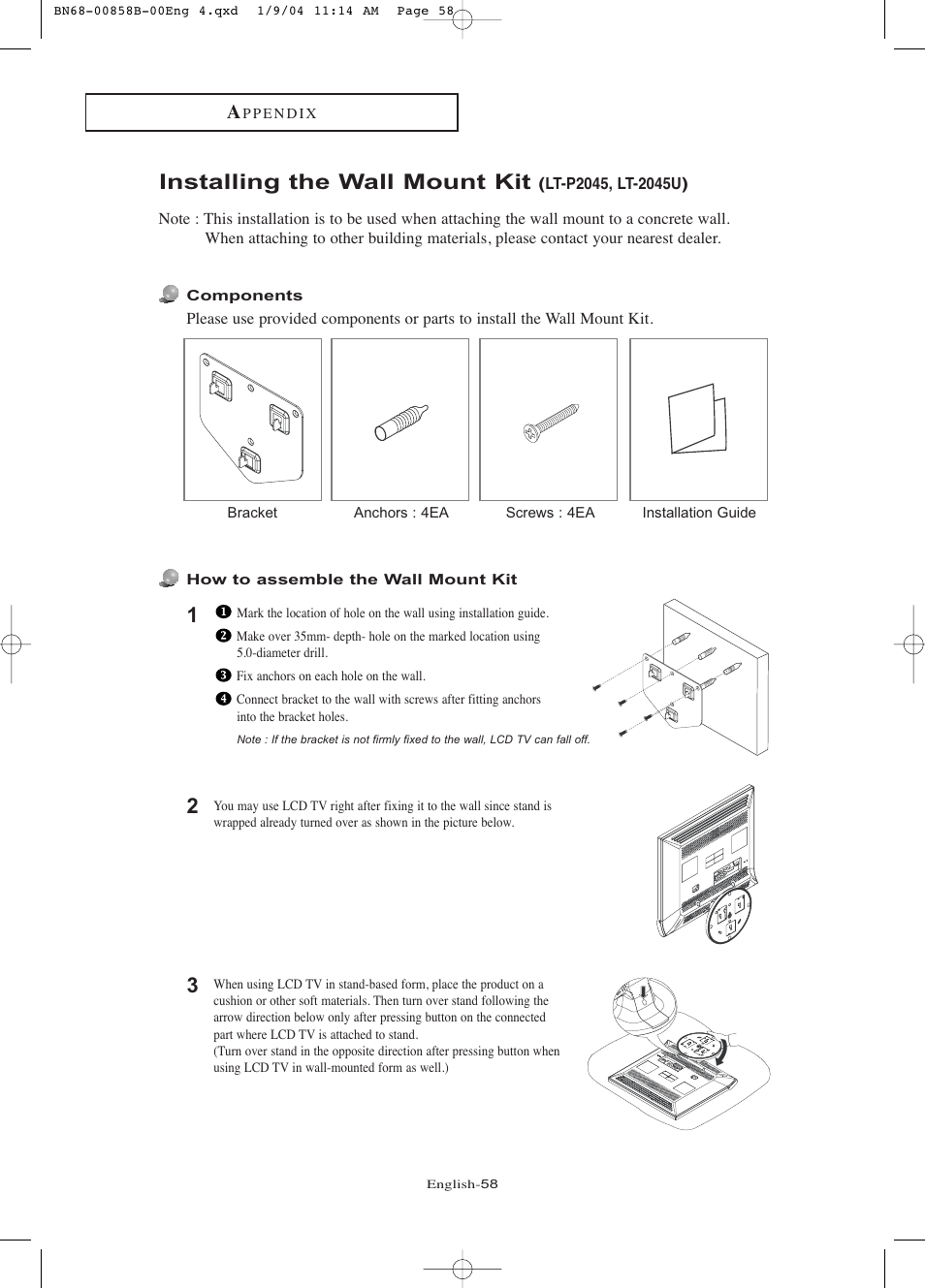 Installing the wall mount kit (lt-p2045, lt-2045u), Installing the wall mount kit | Samsung LTP2045UX-XAA User Manual | Page 63 / 66