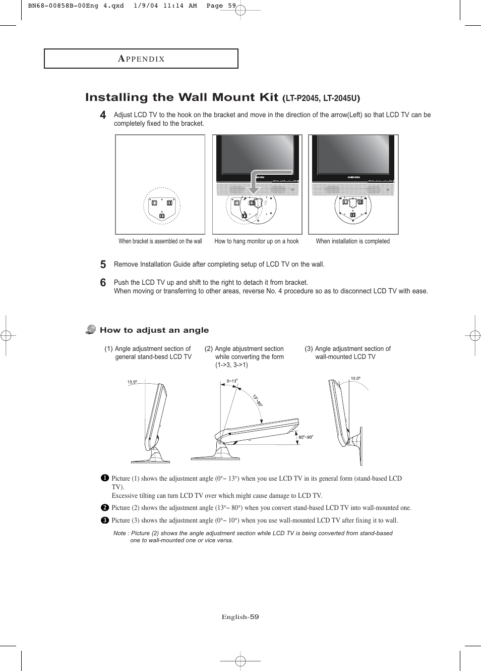 Installing the wall mount kit | Samsung LTP2045UX-XAA User Manual | Page 64 / 66