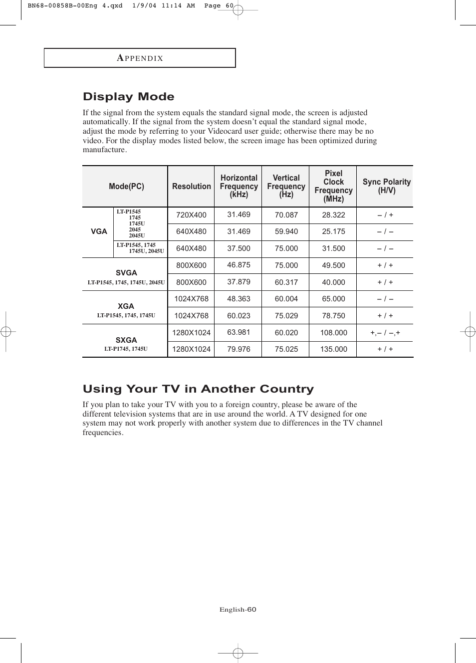 Display mode, Using your tv in another country | Samsung LTP2045UX-XAA User Manual | Page 65 / 66