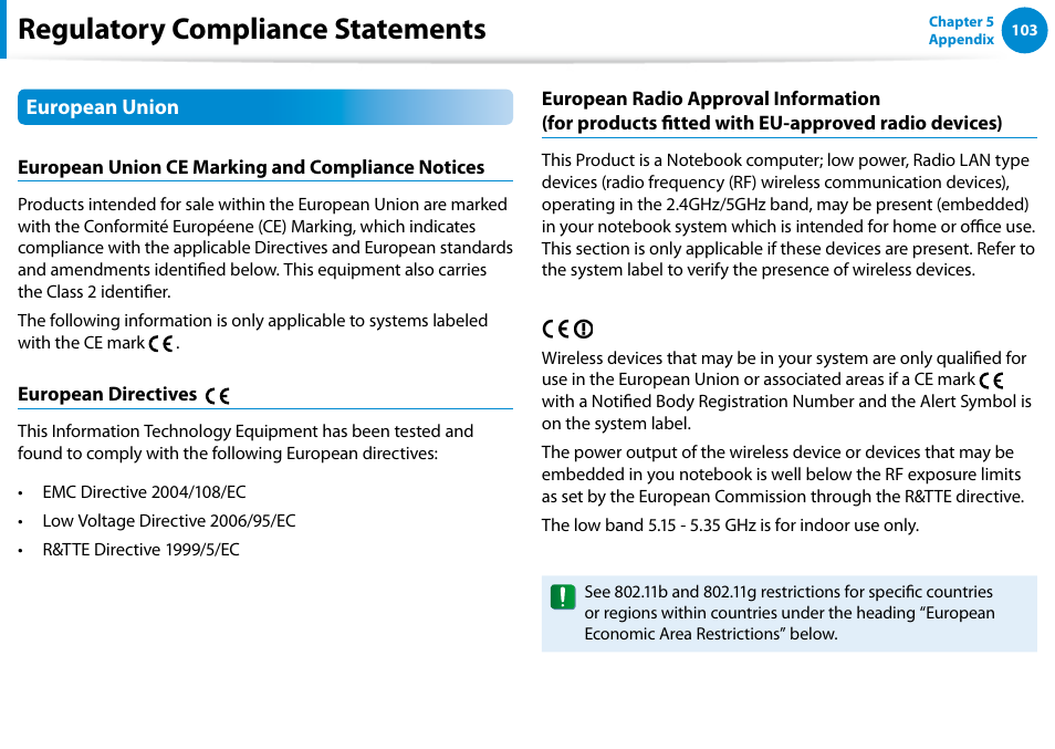 Regulatory compliance statements | Samsung XE300TZC-K01US User Manual | Page 104 / 120