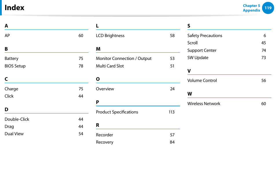 Index | Samsung XE300TZC-K01US User Manual | Page 120 / 120