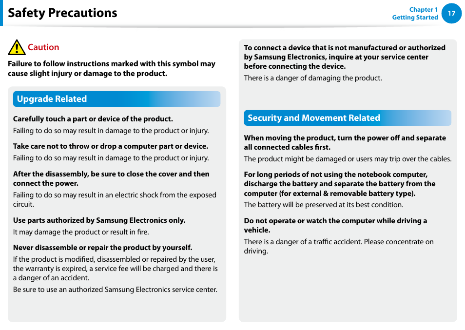 Safety precautions | Samsung XE300TZC-K01US User Manual | Page 18 / 120