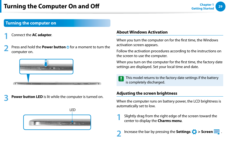 Turning the computer on and off | Samsung XE300TZC-K01US User Manual | Page 30 / 120