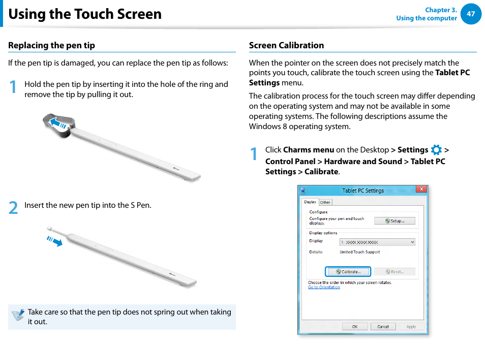 Using the touch screen | Samsung XE300TZC-K01US User Manual | Page 48 / 120