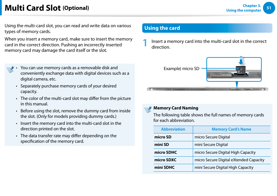 Multi card slot (optional), Multi card slot, Optional) | Samsung XE300TZC-K01US User Manual | Page 52 / 120