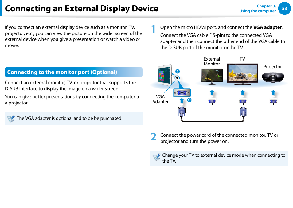 Connecting an external display device | Samsung XE300TZC-K01US User Manual | Page 54 / 120