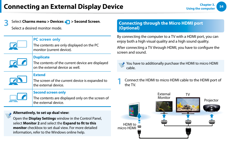 Connecting an external display device, Connecting through the micro hdmi port (optional) | Samsung XE300TZC-K01US User Manual | Page 55 / 120