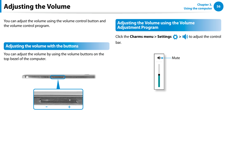 Adjusting the volume, Adjusting the volume with the buttons | Samsung XE300TZC-K01US User Manual | Page 57 / 120