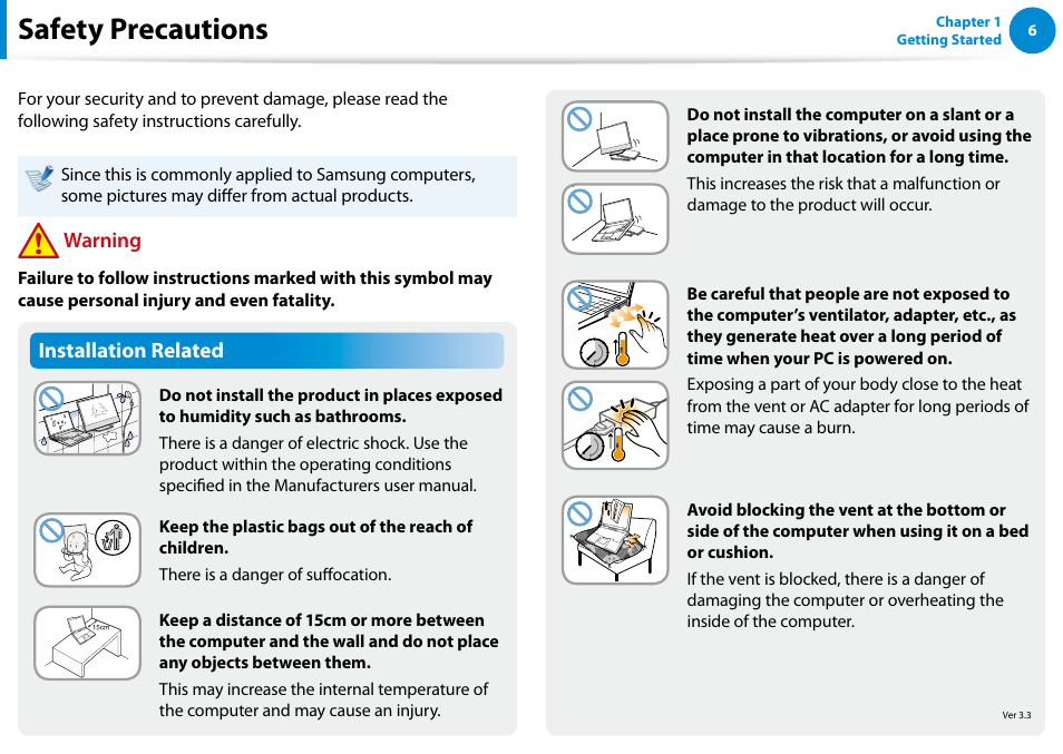 Safety precautions, Installation related, Warning | Samsung XE300TZC-K01US User Manual | Page 7 / 120