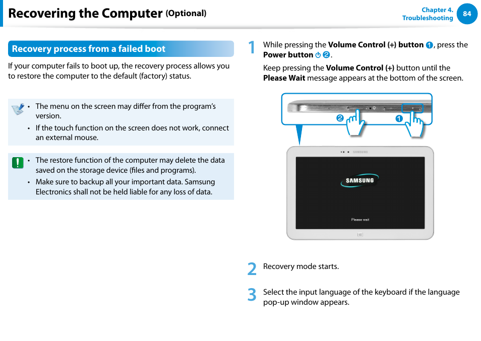 Recovering the computer (optional), Recovering the computer | Samsung XE300TZC-K01US User Manual | Page 85 / 120