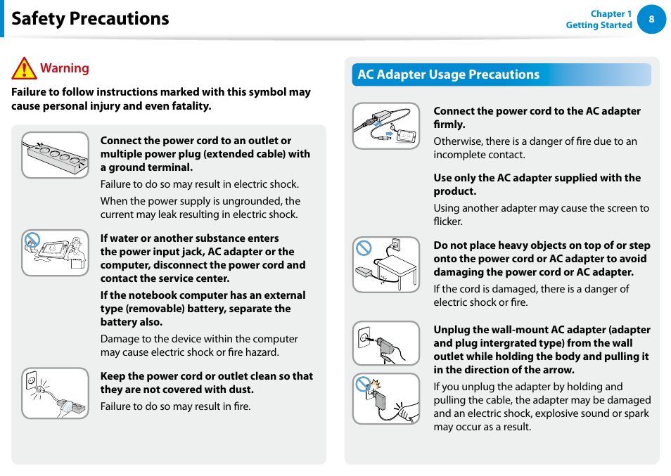 Safety precautions, Ac adapter usage precautions, Warning | Samsung XE300TZC-K01US User Manual | Page 9 / 120