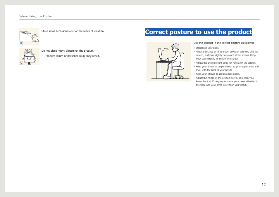Correct posture to use the product | Samsung LS27B971DS-ZA User Manual | Page 12 / 70