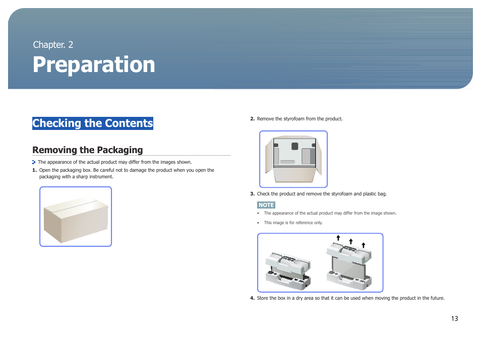 Chapter. 2, Preparation, Checking the contents | Removing the packaging, Chapter. 2 preparation | Samsung LS27B971DS-ZA User Manual | Page 13 / 70