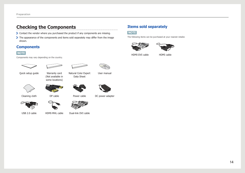 Checking the components, Components, Items sold separately | Samsung LS27B971DS-ZA User Manual | Page 14 / 70