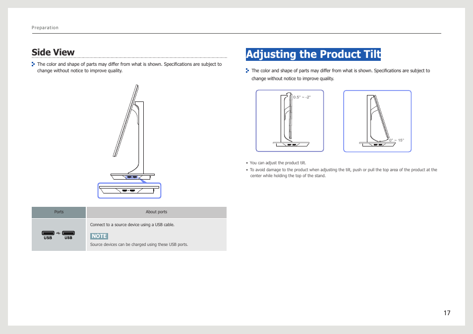 Side view, Adjusting the product tilt | Samsung LS27B971DS-ZA User Manual | Page 17 / 70