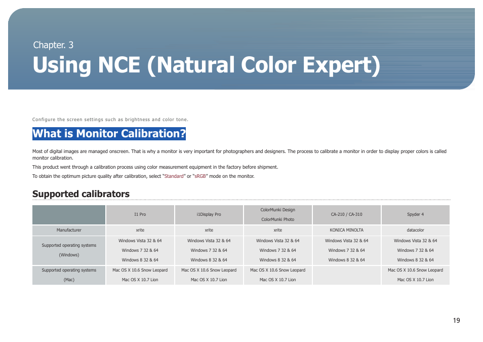 Chapter. 3, Using nce (natural color expert), What is monitor calibration | Compatible types of calibrators, Chapter. 3 using nce (natural color expert), Supported calibrators | Samsung LS27B971DS-ZA User Manual | Page 19 / 70