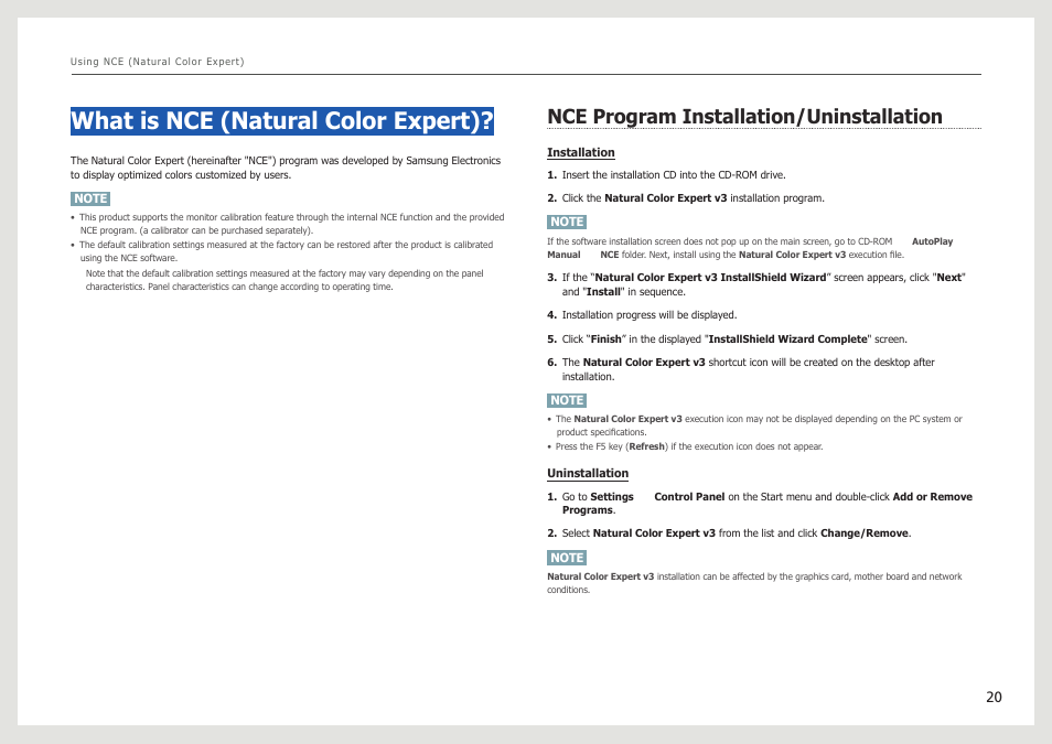 What is nce (natural color expert), Nce program installation/uninstallation | Samsung LS27B971DS-ZA User Manual | Page 20 / 70