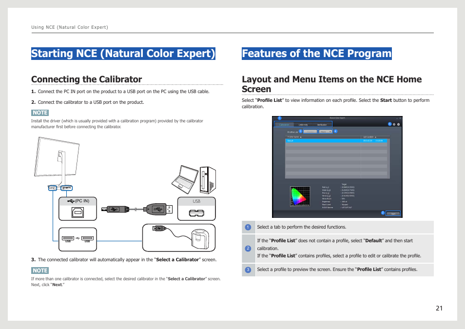 Starting nce (natural color expert), Connecting the calibrator, Features of the nce program | Layout and menu items on the nce home screen | Samsung LS27B971DS-ZA User Manual | Page 21 / 70
