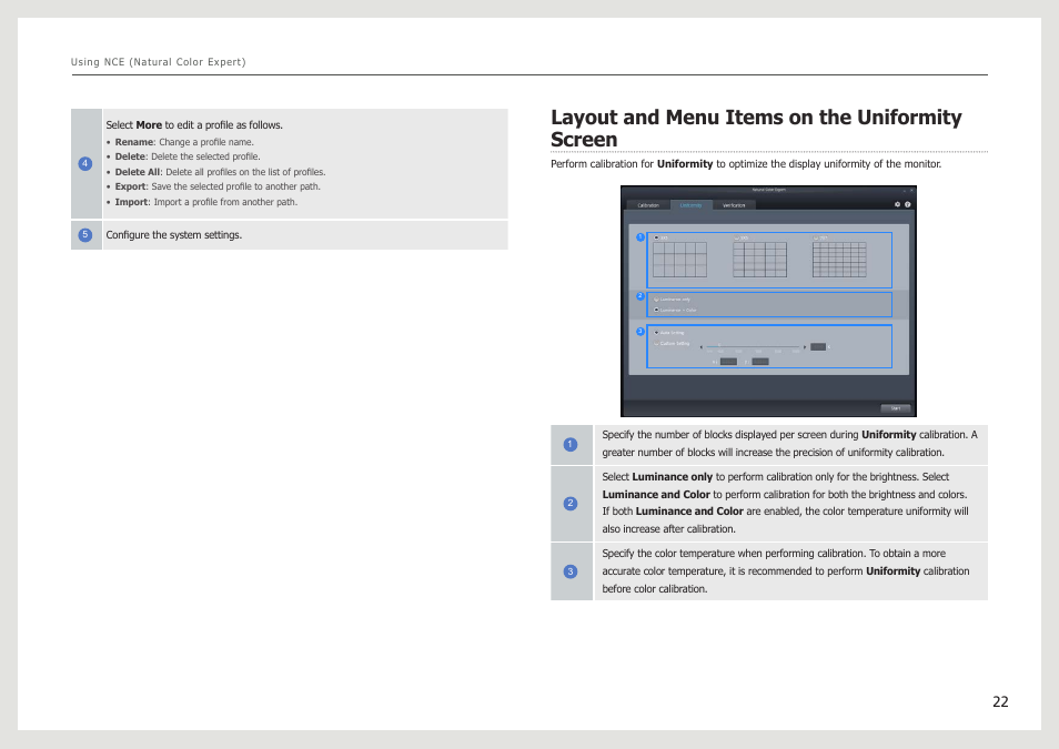 Layout and menu items on the uniformity screen | Samsung LS27B971DS-ZA User Manual | Page 22 / 70