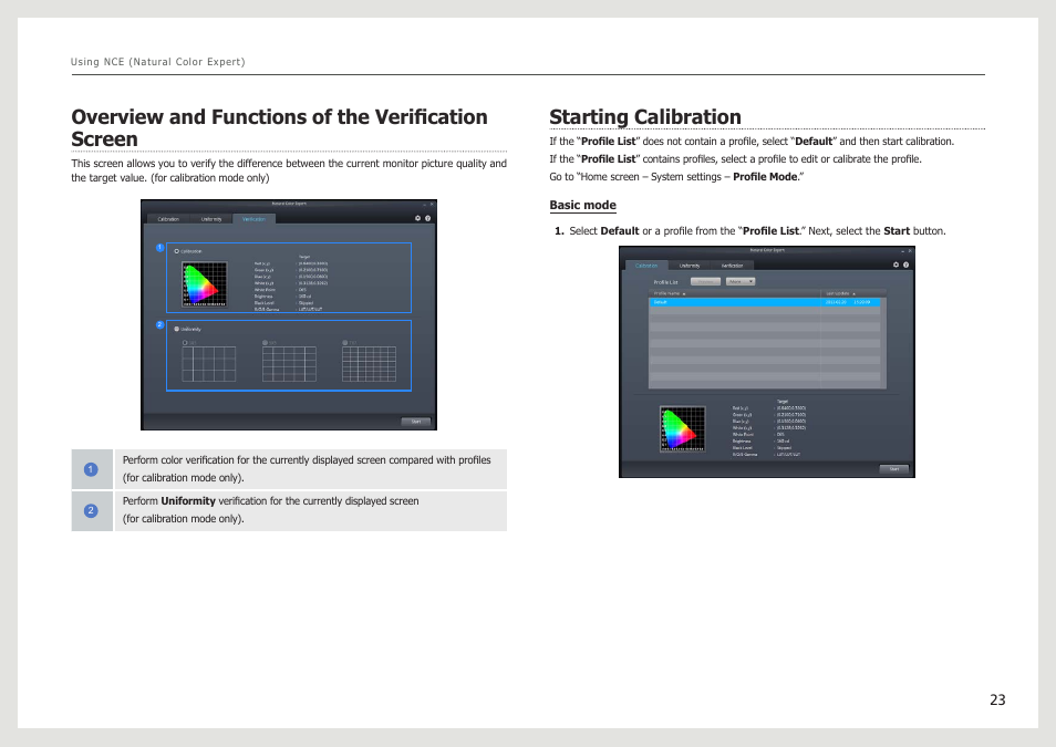 Overview and functions of the verification screen, Starting calibration | Samsung LS27B971DS-ZA User Manual | Page 23 / 70