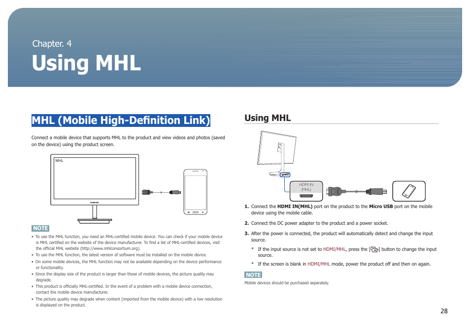 Chapter. 4, Using mhl, Mhl (mobile high-definition link) | Chapter. 4 using mhl | Samsung LS27B971DS-ZA User Manual | Page 28 / 70