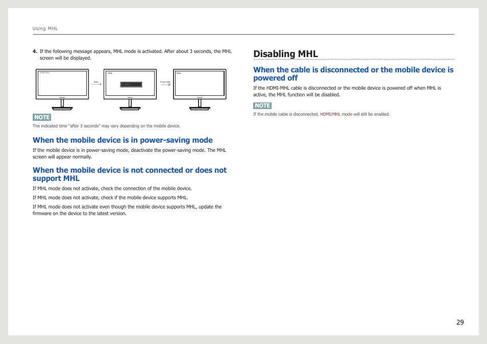 Disabling mhl, When the mobile device is in power-saving mode | Samsung LS27B971DS-ZA User Manual | Page 29 / 70