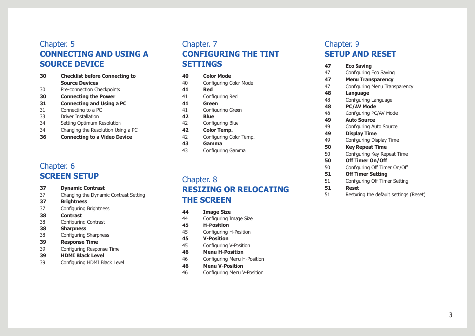 Chapter. 5 connecting and using a source device, Chapter. 6 screen setup, Chapter. 7 configuring the tint settings | Chapter. 8 resizing or relocating the screen, Chapter. 9 setup and reset | Samsung LS27B971DS-ZA User Manual | Page 3 / 70