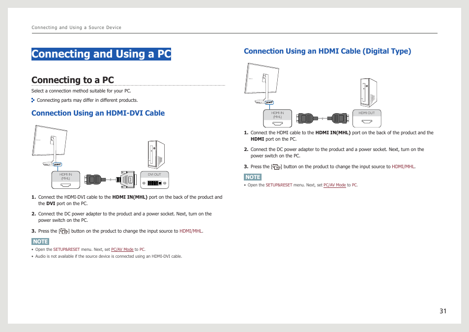 Connecting and using a pc, Connecting to a pc, Connection using an hdmi-dvi cable | Connection using an hdmi cable (digital type) | Samsung LS27B971DS-ZA User Manual | Page 31 / 70