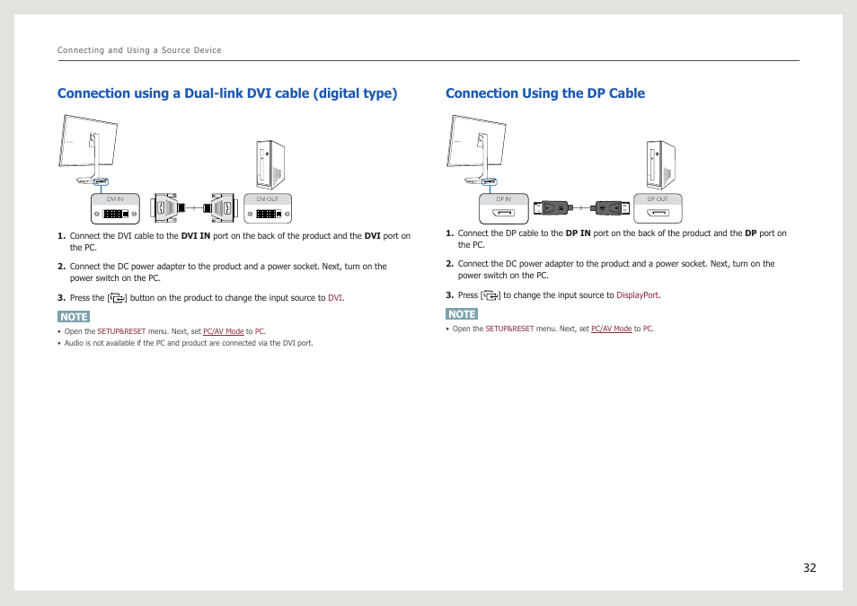 Connection using the dp cable | Samsung LS27B971DS-ZA User Manual | Page 32 / 70