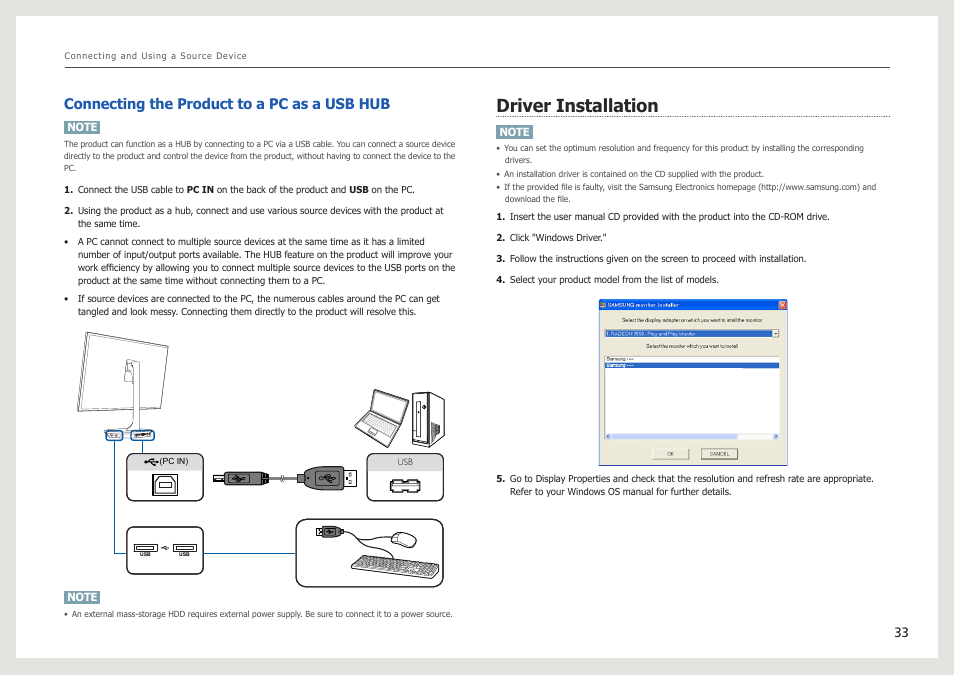 Driver installation, Connecting the product to a pc as a usb hub | Samsung LS27B971DS-ZA User Manual | Page 33 / 70