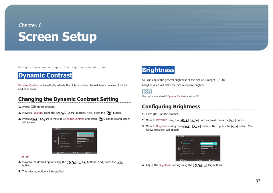 Chapter. 6, Screen setup, Dynamic contrast | Changing the dynamic contrast setting, Brightness, Configuring brightness, Chapter. 6 screen setup | Samsung LS27B971DS-ZA User Manual | Page 37 / 70