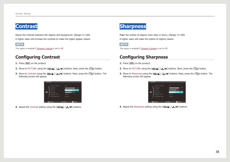 Contrast, Configuring contrast, Sharpness | Configuring sharpness | Samsung LS27B971DS-ZA User Manual | Page 38 / 70