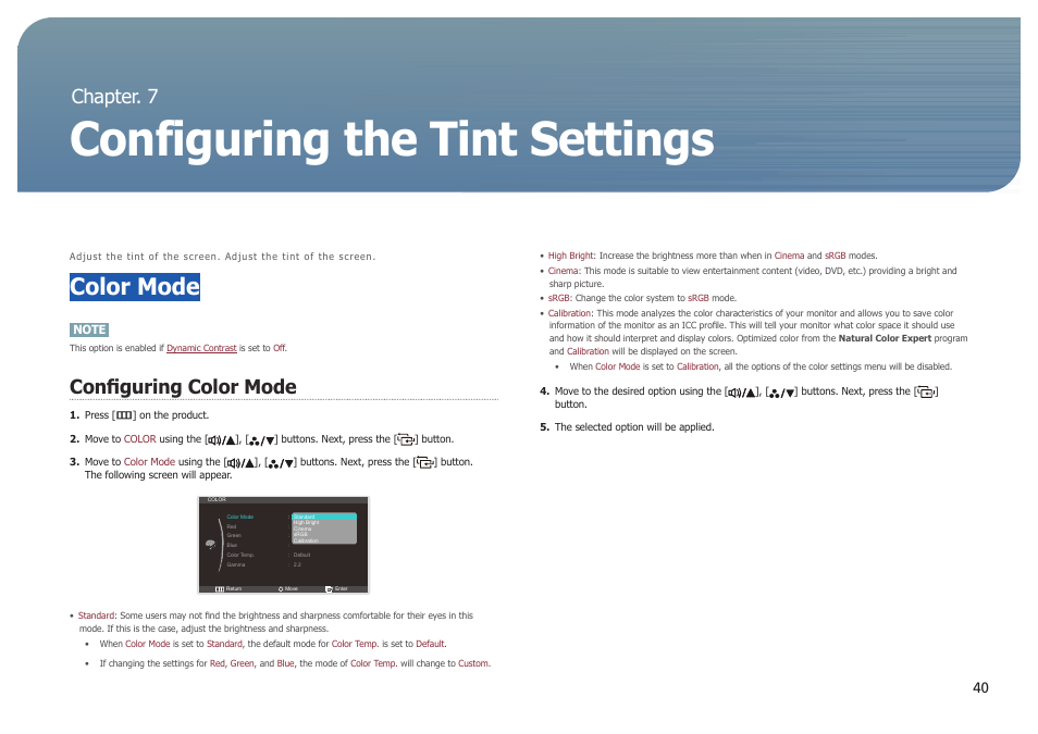 Chapter. 7, Configuring the tint settings, Color mode | Configuring color mode, Chapter. 7 configuring the tint settings, Nfiguring | Samsung LS27B971DS-ZA User Manual | Page 40 / 70