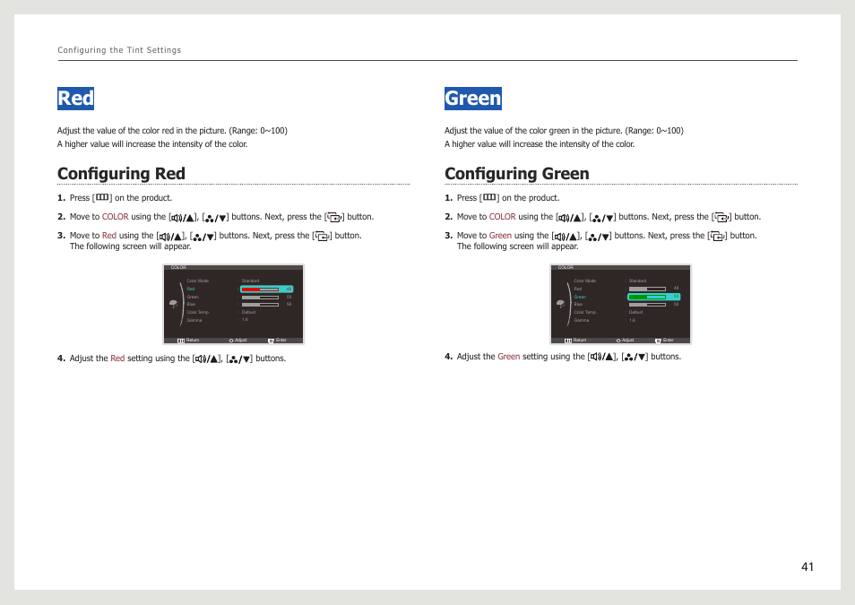 Configuring red, Green, Configuring green | Samsung LS27B971DS-ZA User Manual | Page 41 / 70