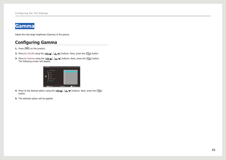Gamma, Configuring gamma | Samsung LS27B971DS-ZA User Manual | Page 43 / 70